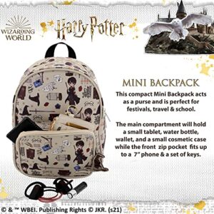 Harry Potter Wizarding World Magic Mini Purse Backpack with Hogwarts Allover Icon Print, 10.5 Inches, Adjustable Straps, Faux Leather