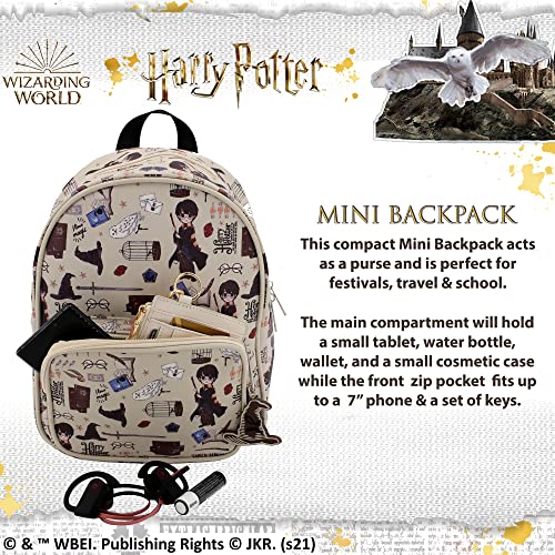 Harry Potter Wizarding World Magic Mini Purse Backpack with Hogwarts Allover Icon Print, 10.5 Inches, Adjustable Straps, Faux Leather