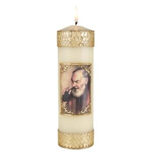 saint pio prayer candle, serenity pillar candles hand decorated with metallic gold tone wax and colored image of padre, religious church supplies, 7.75 inches