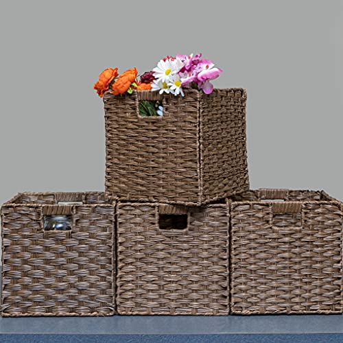 Foldable Synthetic Plastic Wicker Storage Basket with Iron Wire Frame By Blue Ridge Basket Company(Set of 4)