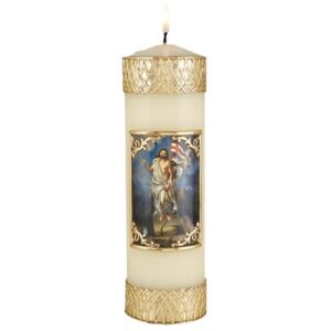 risen christ prayer candle, artisanal church decoration supplies, serenity jesus pillar candles hand decorated metallic gold tone wax with colored image, 7.75 inches