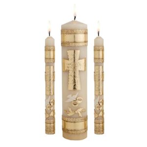 wedding unity candle set for ceremonies, gold tone commitment candles ornate centerpiece for marriage reception and ceremony, 3 pieces included