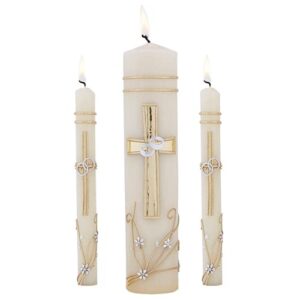 wedding unity candle set for ceremonies, gold tone and silver toned ornate centerpiece candles, 3 pieces included