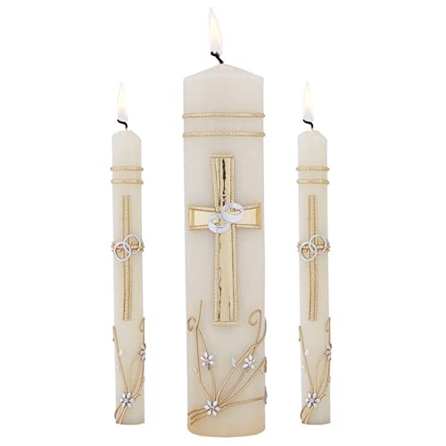 Wedding Unity Candle Set for Ceremonies, Gold Tone and Silver Toned Ornate Centerpiece Candles, 3 Pieces Included