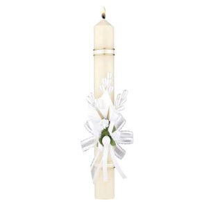 first holy communion hand decorated taper candle with white faux flowers and ribbon, catholic gifts for girls and boys, tall candles, cirio para primera comunion, 11.25 inches