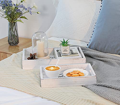 Luxspire Serving Tray with Handles, 2 Sets Vintage Wood Decorative Tray for Breakfast Eating Coffee Table Ottoman, Large Nesting Serving Trays Platters for Bedroom Kitchen Restaurant Outdoor, White