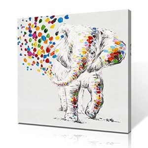 happy elephant canvas wall art cute elephant spraying water picture print for kids room bathroom poster framed ready to hang (14″x14″x1 panel)