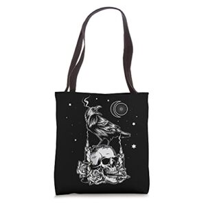black crow raven skull viking norse occult gothic tote bag