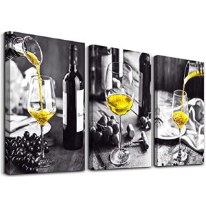 wall decor for dining room canvas wall art for kitchen black and white wine glasses pictures modern yellow wine canvas art prints ready to wall painting for restaurant home decorations 12″x16″ 3 piece
