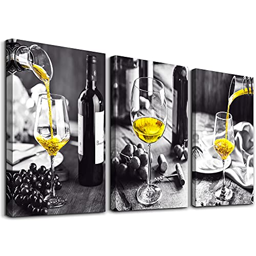 Wall Decor For Dining Room Canvas Wall Art For Kitchen Black And White Wine Glasses Pictures Modern Yellow Wine Canvas Art Prints Ready To Wall Painting For Restaurant Home Decorations 12"X16" 3 Piece