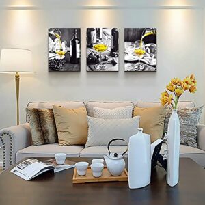 Wall Decor For Dining Room Canvas Wall Art For Kitchen Black And White Wine Glasses Pictures Modern Yellow Wine Canvas Art Prints Ready To Wall Painting For Restaurant Home Decorations 12"X16" 3 Piece