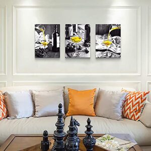 Wall Decor For Dining Room Canvas Wall Art For Kitchen Black And White Wine Glasses Pictures Modern Yellow Wine Canvas Art Prints Ready To Wall Painting For Restaurant Home Decorations 12"X16" 3 Piece