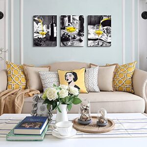 Wall Decor For Dining Room Canvas Wall Art For Kitchen Black And White Wine Glasses Pictures Modern Yellow Wine Canvas Art Prints Ready To Wall Painting For Restaurant Home Decorations 12"X16" 3 Piece