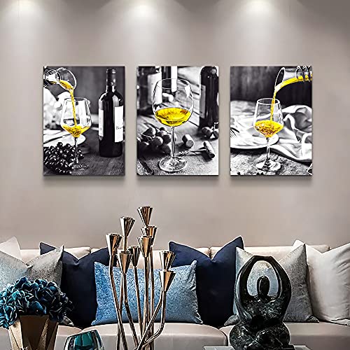 Wall Decor For Dining Room Canvas Wall Art For Kitchen Black And White Wine Glasses Pictures Modern Yellow Wine Canvas Art Prints Ready To Wall Painting For Restaurant Home Decorations 12"X16" 3 Piece