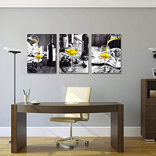 Wall Decor For Dining Room Canvas Wall Art For Kitchen Black And White Wine Glasses Pictures Modern Yellow Wine Canvas Art Prints Ready To Wall Painting For Restaurant Home Decorations 12"X16" 3 Piece