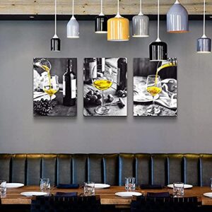 Wall Decor For Dining Room Canvas Wall Art For Kitchen Black And White Wine Glasses Pictures Modern Yellow Wine Canvas Art Prints Ready To Wall Painting For Restaurant Home Decorations 12"X16" 3 Piece