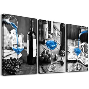 Canvas Wall Art For Kitchen Wall Decor For Dining Room Black And White Wine Glasses Painting Modern Blue Wine Canvas Art Prints Ready To Hang Pictures For Restaurant Home Decorations 12"X16" 3 Pieces