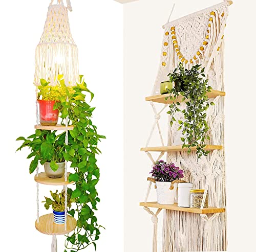 MAKEONEWO Macrame Wall Hanging Shelf - Upgrade Haning Plant Shelf Indoor Planter Holder Boho Macrame Plant Hanger for Bedroom, 2 Set