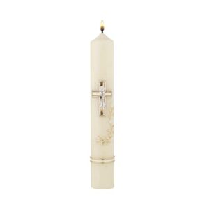 first holy communion hand decorated taper candle with chalice, cross and host design, catholic gifts for girls and boys, tall candles church supplies, 9.75 inches