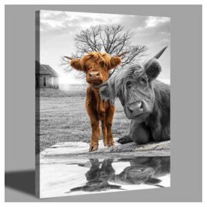 highland cow canvas wall art black and white animal print pictures highland cattle photo framed farmhouse painting 12×16 inches for home decor