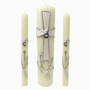 unity candle set for weddings, centerpiece wedding candles with silver tone accent cross, rings and flowers, religious symbolic marriage ceremony decorations, 3 pack