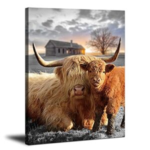 highland cow canvas wall art animal print pictures highland fluffy cattle photo framed farmhouse painting 12×16 inches for home decor