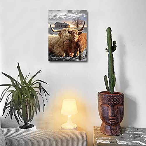 Highland Cow Canvas Wall Art Animal Print Pictures Highland Fluffy Cattle Photo Framed Farmhouse Painting 12x16 inches for Home Decor