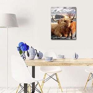 Highland Cow Canvas Wall Art Animal Print Pictures Highland Fluffy Cattle Photo Framed Farmhouse Painting 12x16 inches for Home Decor