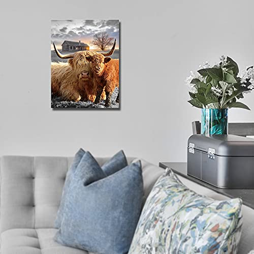 Highland Cow Canvas Wall Art Animal Print Pictures Highland Fluffy Cattle Photo Framed Farmhouse Painting 12x16 inches for Home Decor