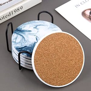 Onntec Blue Coasters for Drinks Marble Style,Absorbent Ceramic Coaster with Metal Holder Stand,House Warming Gifts Decor Set of 6 with Cork Base for Wooden Table