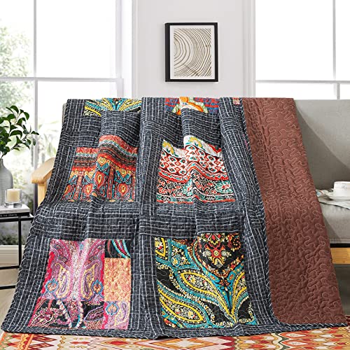 Travan Real Patchwork Quilted Throw Blanket Retro Cotton Blanket for Bed Couch Sofa (Lush Style, Throw Blanket), 60 x 78Inch