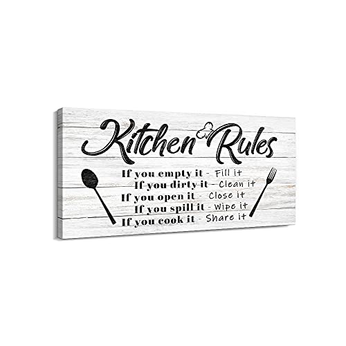 Pinetree Art Kitchen Rules Wall Decor Funny Inspirational Quote Canvas Print Art Modern Rustic Farmhouse Kitchen Decorative (8X16 Inch, W)