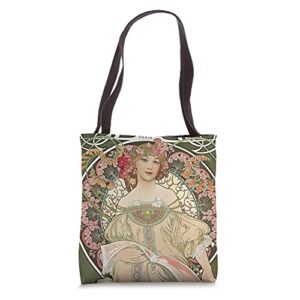 alphonse mucha girl with flowers reading tote bag