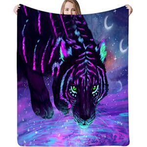 tiger blanket for bed sofa couch 3d wild animal print throw blanket wildlife blanket galaxy fuzzy blanket purple blanket (51″ x 59″)