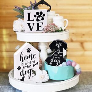 Zingoetrie Dog Tiered Tray Decorations Wooden Dog Sign Paw Wood Decor Farmhouse Tiered Tray Decorations Rustic Puppy Ornaments for Home Kitchen Window Table Set of 4 Housewarming Dog Mom Gift Idea