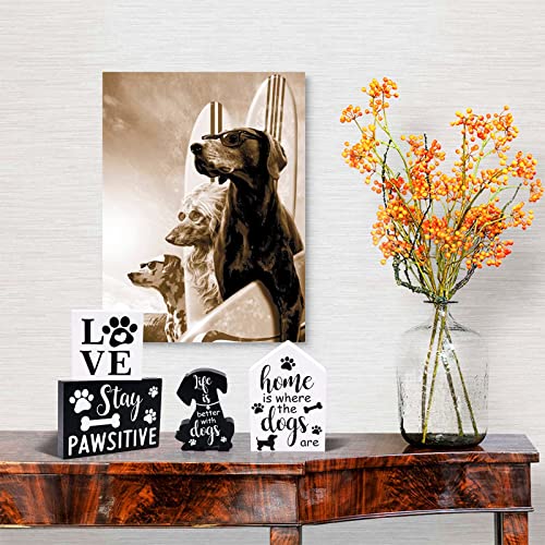 Zingoetrie Dog Tiered Tray Decorations Wooden Dog Sign Paw Wood Decor Farmhouse Tiered Tray Decorations Rustic Puppy Ornaments for Home Kitchen Window Table Set of 4 Housewarming Dog Mom Gift Idea