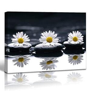 qtespeii black and white canvas wall art yellow daisy pictures flower and stone paintings for bathroom living room bedroom office decoration framed still life modern zen home decor 12″x16″ 1 panel
