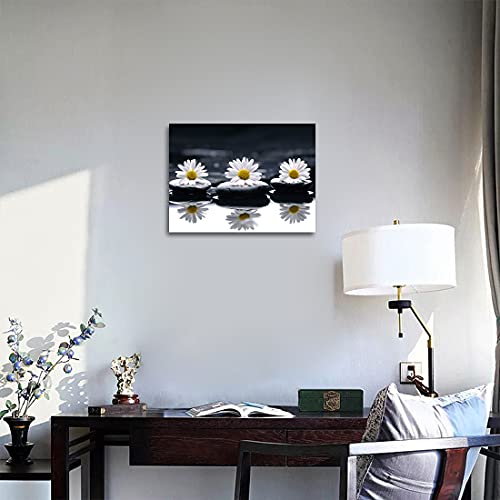 QTESPEII Black and White Canvas Wall Art Yellow Daisy Pictures Flower and Stone Paintings for Bathroom Living Room Bedroom Office Decoration Framed Still Life Modern Zen Home Decor 12"x16" 1 Panel