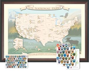 national parks map push pin, 3d domed stickers with 1 x 1.5 inch collection for passport book | poster travel map in mahogany/black frame | large map