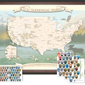 National Parks Map Push Pin, 3D Domed Stickers with 1 x 1.5 inch collection for passport book | Poster travel map in mahogany/black frame | Large map