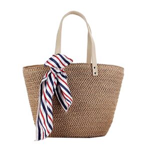 women’s summer beach handbag grass beach bag woven handbag large straw bag with leather handle (10 brown,one size)
