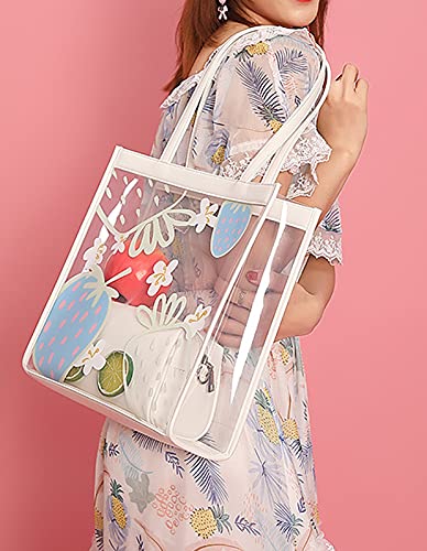 QZUnique Handbags Set Clear PVC Shoulder Bag + Leather Crossbody Bag Large Printed Cute Tote Bag for Women