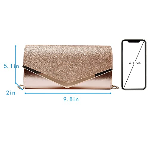 Queena Womens Shiny Sequins Evening Clutch Envelope Handbag Chain Purse for Wedding Party Prom Gift for Mom Wife Girlfriend Rose Gold