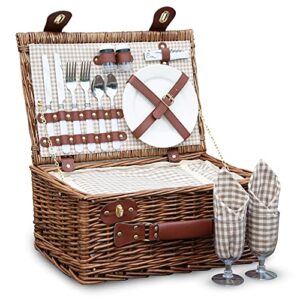 SatisInside Picnic Basket for 2 Wicker Picnic Set with Insulated Liner for Camping,Wedding,Valentine Day,Gift - Reinforced Handle, Coffee