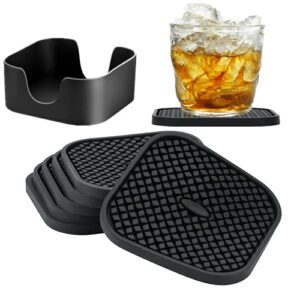 iyyi silicone coasters set of 6, drink coasters with holder, non-slip cup mat, deep tray absorbent coaster, heat resistant countertop protection (black-square)