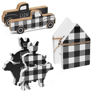 r horse 3pcs wooden farmhouse buffalo plaid tiered tray decoration black& white plaid rustic farmhouse tray sign double printed farmhouse shelf buffalo plaid decor for christmas new year photo prop