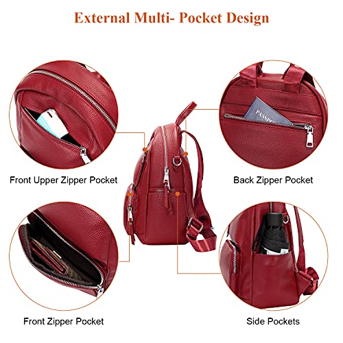 Over Earth Genuine Leather Backpack Purse for Women Fashion Leather Rucksack Purse(O605E Wine Red)