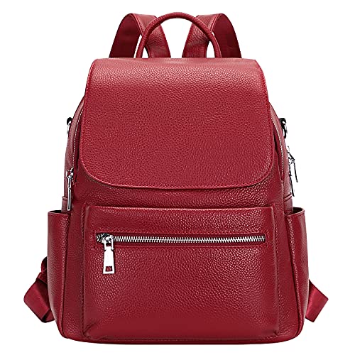 Over Earth Genuine Leather Backpack Purse for Women Fashion Travel Leather Rucksack Purse with Flap for Ladies(O138E Wine Red)