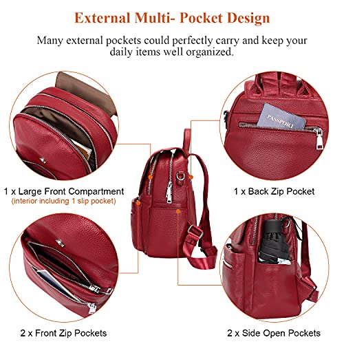 Over Earth Genuine Leather Backpack Purse for Women Fashion Travel Leather Rucksack Purse with Flap for Ladies(O138E Wine Red)