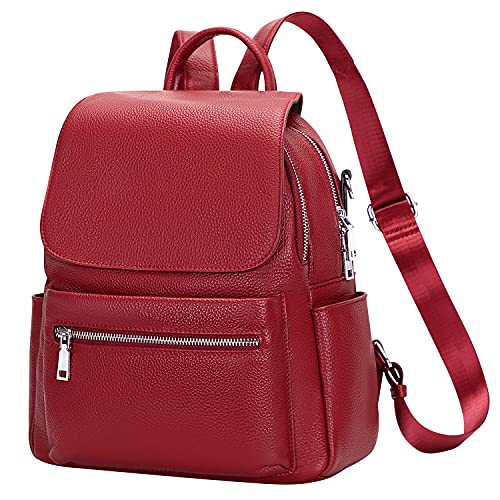 Over Earth Genuine Leather Backpack Purse for Women Fashion Travel Leather Rucksack Purse with Flap for Ladies(O138E Wine Red)